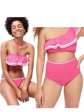J. Crew pink rickrack white trim bikini bathing suit high waisted bandeau